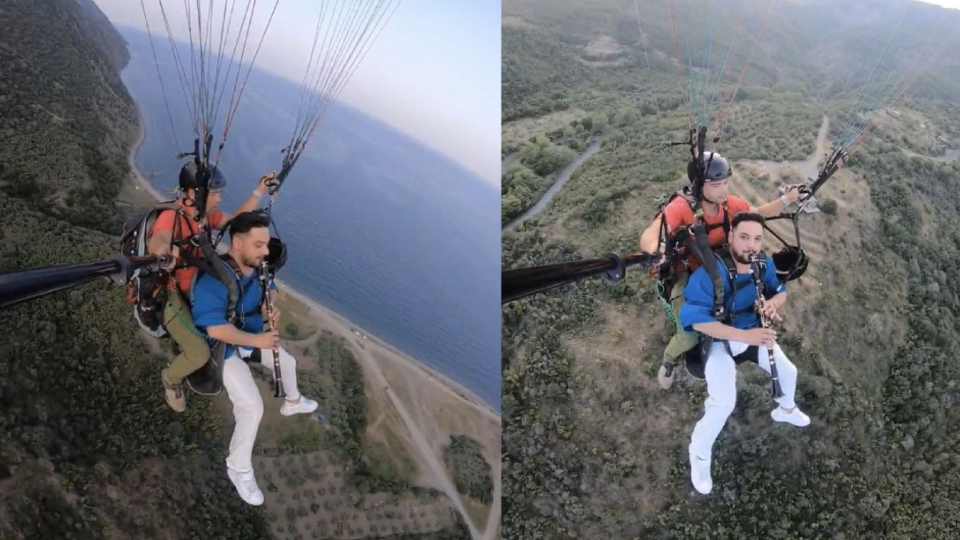 Yamaç paraşütüyle uçarken klarnet çaldı