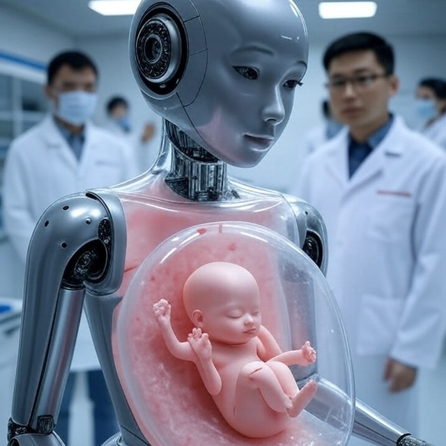 Çin'de insan bebeği doğurabilen robot!