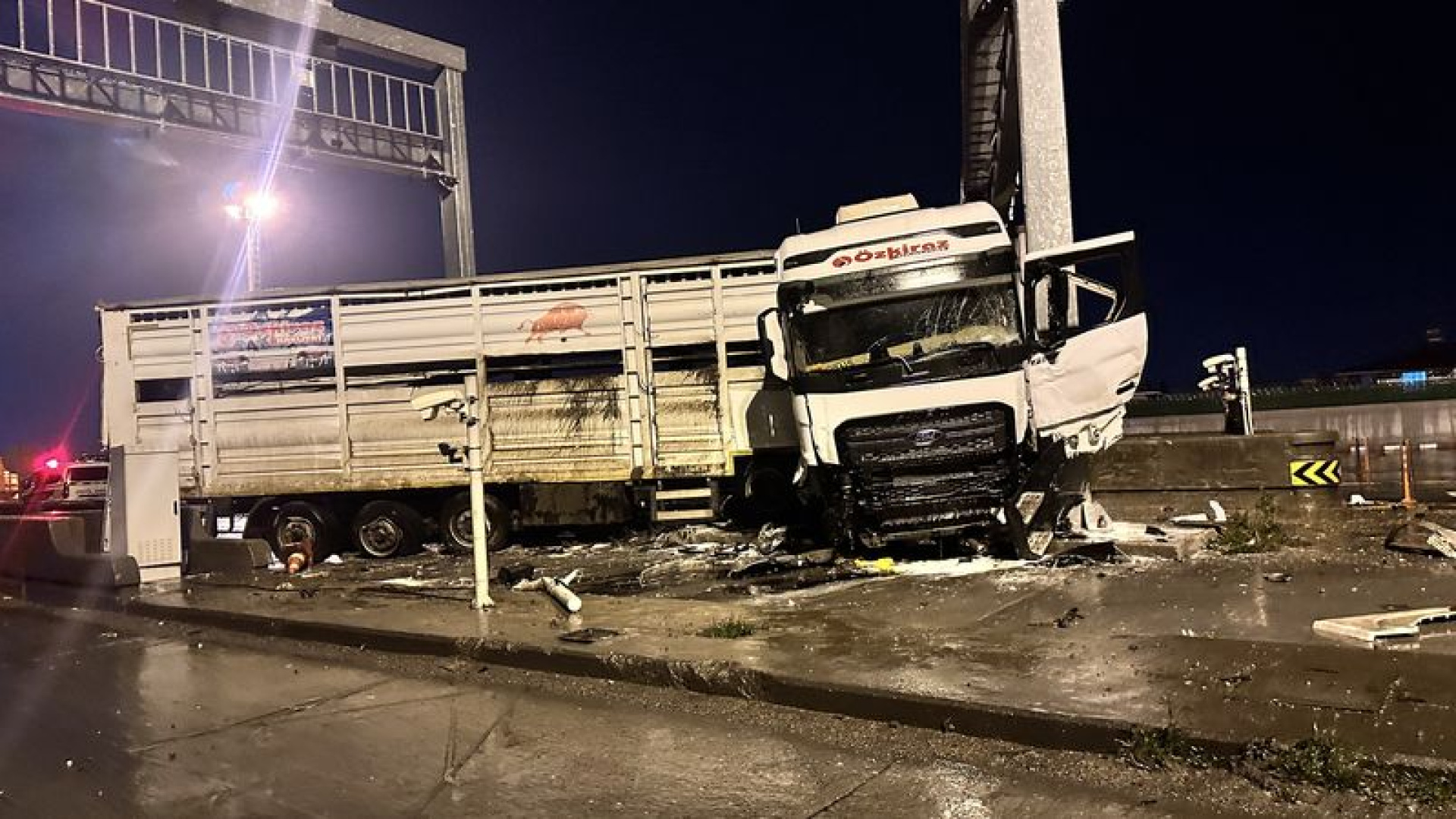 Hatay'da otoyol gişelerinde direğe çarpan TIR'da yangın çıktı