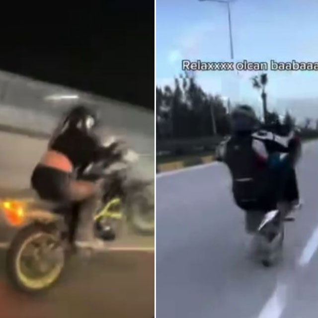 Kadın sürücü motosikletin önünü kaldırınca...