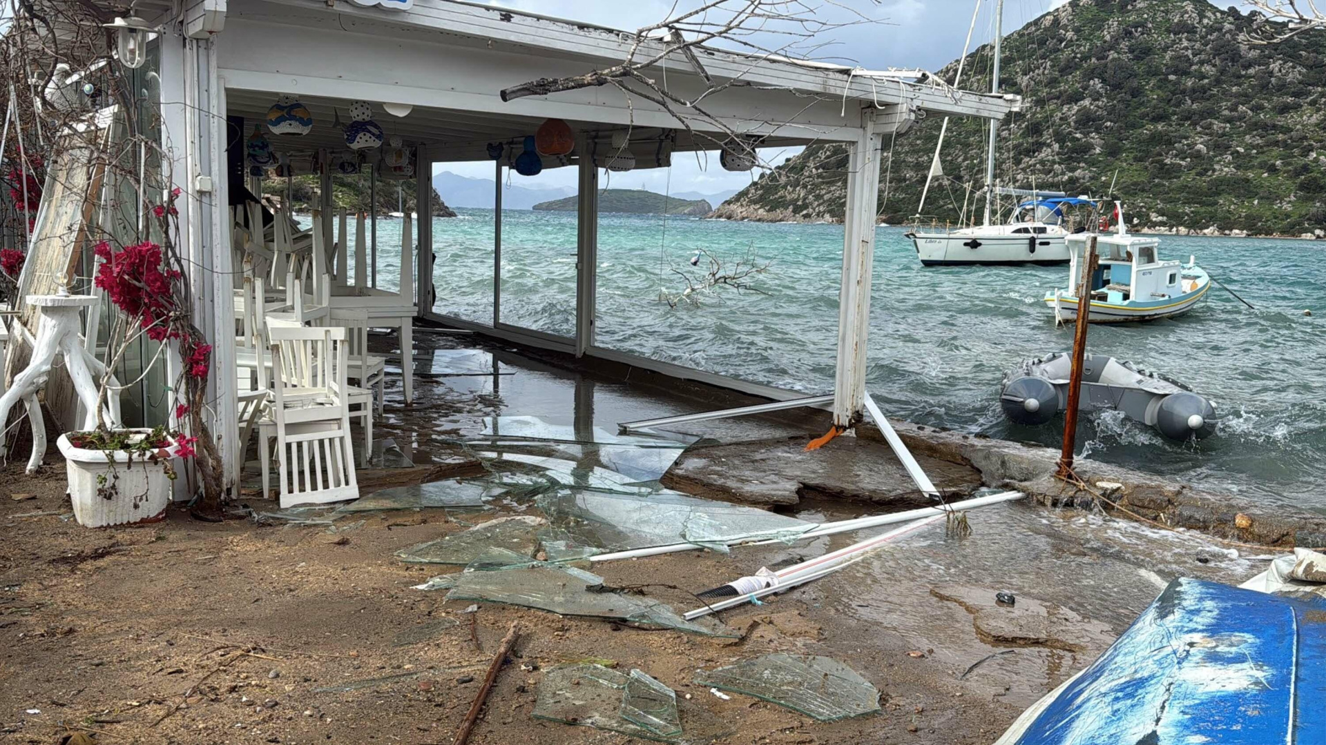 Bodrum'da Şiddetli Fırtına: Dalgalar İşletmeleri Vurdu, Sembolik Ağaç Yıkıldı