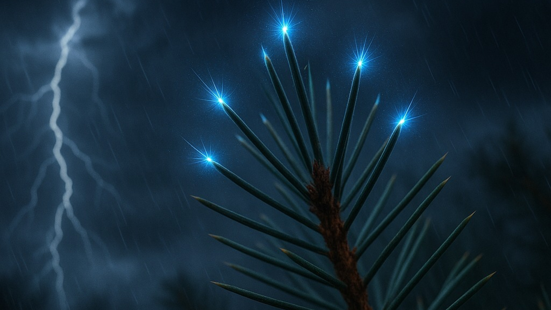 Bilim insanları ilk kez görüntüledi! Gök gürültülü fırtınalarda ağaç yapraklarının uçları gizemli bir mavi ışıkla parlıyor!