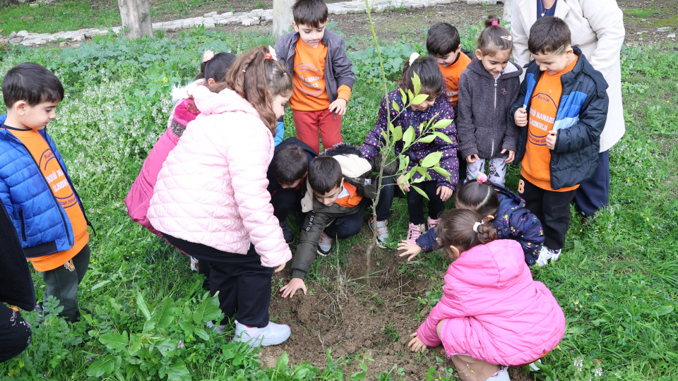 Hatay'da minikler okullarını ağaçlandırıyor