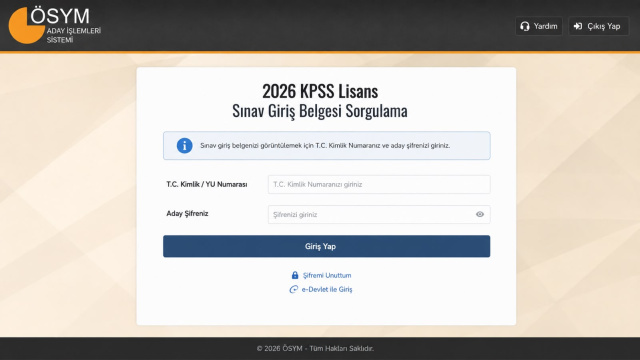 KPSS sınav giriş belgesi sorgulama ekranı