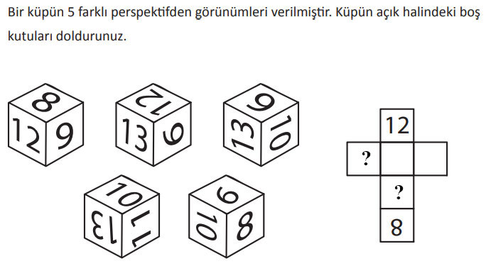Küp yaptığınızda soru işaretli yerlere gelen sayıların toplamı nedir?