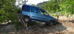 Kontrolden çıkan hafif ticari araç kiraz bahçesine uçtu