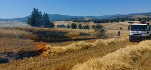 Kütahya'da biçerdöverde çıkan yangın 7 dönümlük tarlayı kül etti
