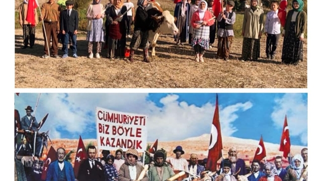 Denizli'de ortaokul öğrencileri "Cumhuriyet'i Biz Böyle Kazandık" fotoğrafını canlandırmaya çalıştı