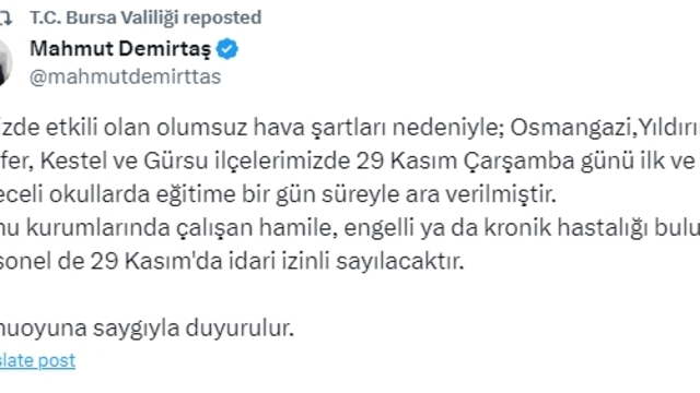 Bursa'da hava şartları nedeniyle 5 ilçede okullar tatil edildi