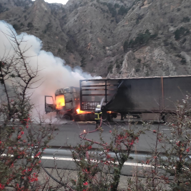 Adana'da seyir halindeyken alev alan tırda hasar oluştu