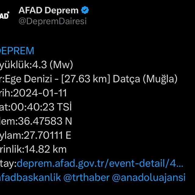Muğla'da 4,3 büyüklüğünde deprem