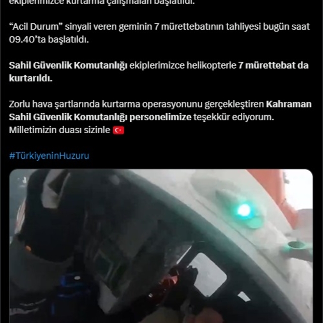 Motor arızası nedeniyle sürüklenen geminin mürettebatı helikopterle kurtarı...