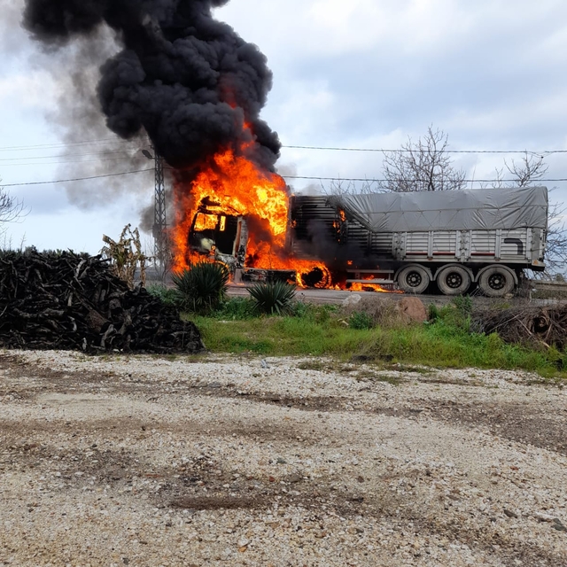 Arızalanınca sürücüsünün tamirci aramaya gittiği TIR, yandı