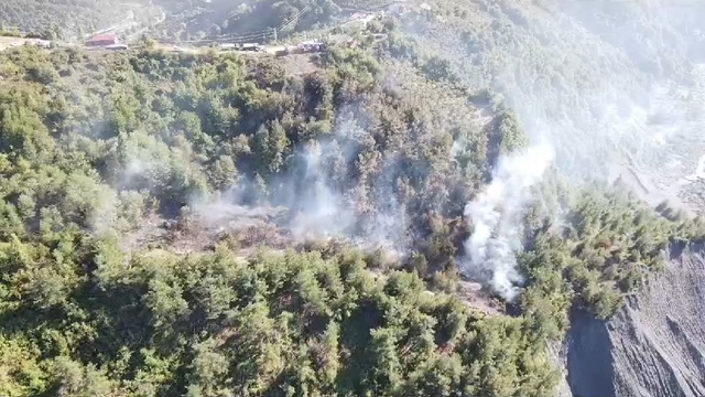 Gece fındık bahçesinde çıkıp söndürülen yangın, rüzgarın etkisiyle yine alevlendi