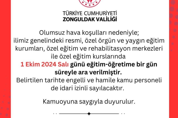 Zonguldak'ta olumsuz hava koşulları nedeniyle eğitime 1 gün ara verildi