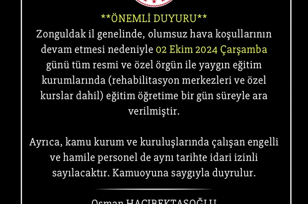 Zonguldak'ta sağanak yağmur nedeniyle eğitime 1 gün ara verildi