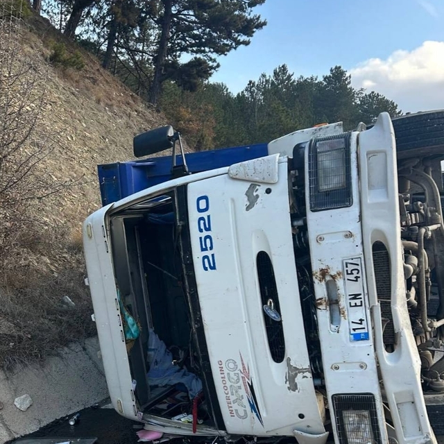 Bolu'nun Göynük ilçesinde devrilen kamyonun sürücüsü yaralandı