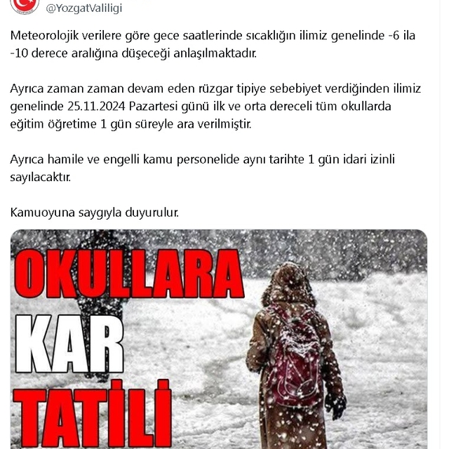 Yozgat'ta eğitime 1 gün ara verildi