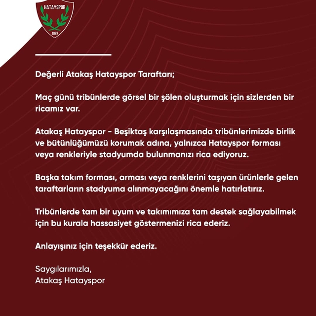 Hatayspor-Beşiktaş maçına farklı formalı taraftarlar alınmayacak