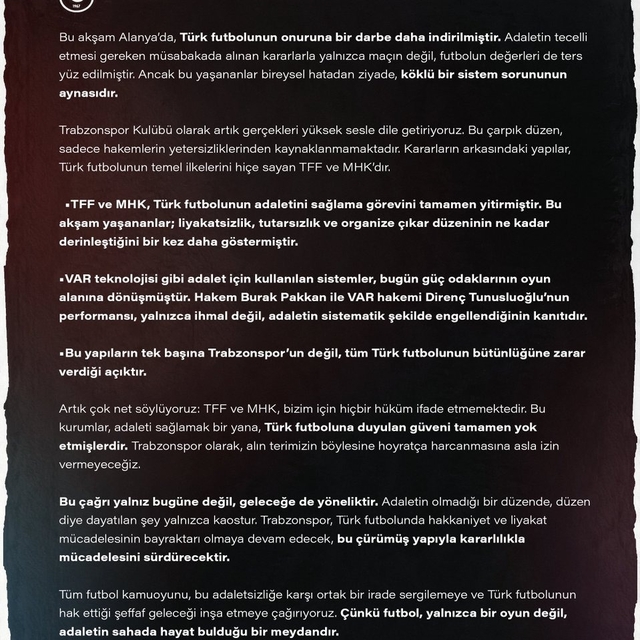 Trabzonspor'dan TFF ve MHK'ye tepki: TFF ve MHK yok hükmündedir