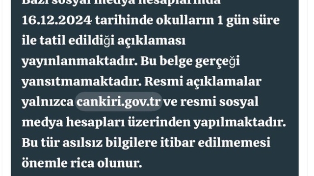 Çankırı Valiliğinden okulların tatil olduğu iddialarına yalanlama