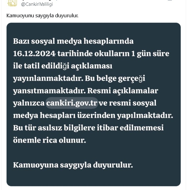 Çankırı Valiliğinden okulların tatil olduğu iddialarına yalanlama