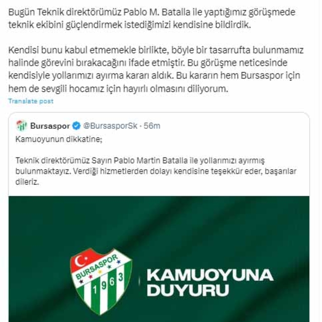 Bursaspor'da teknik direktör Batalla ile yollar ayrıldı