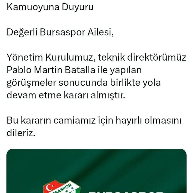 Bursaspor, Pablo Martin Batalla ile tekrardan yola devam kararı aldı