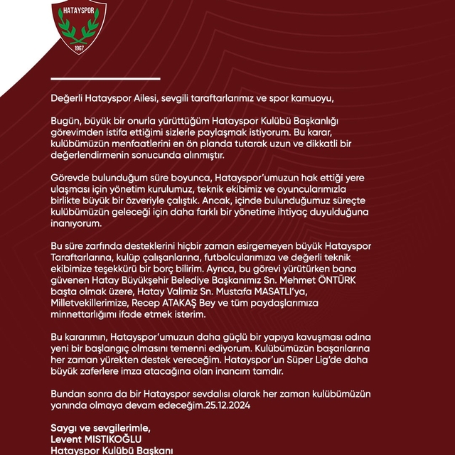 Hatayspor Başkanı Levent Mıstıkoğlu istifa etti