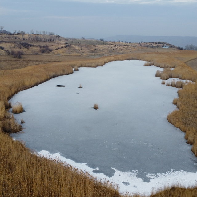 Iğdır'daki Üçkaya Gölü'nün yüzeyi buz tuttu