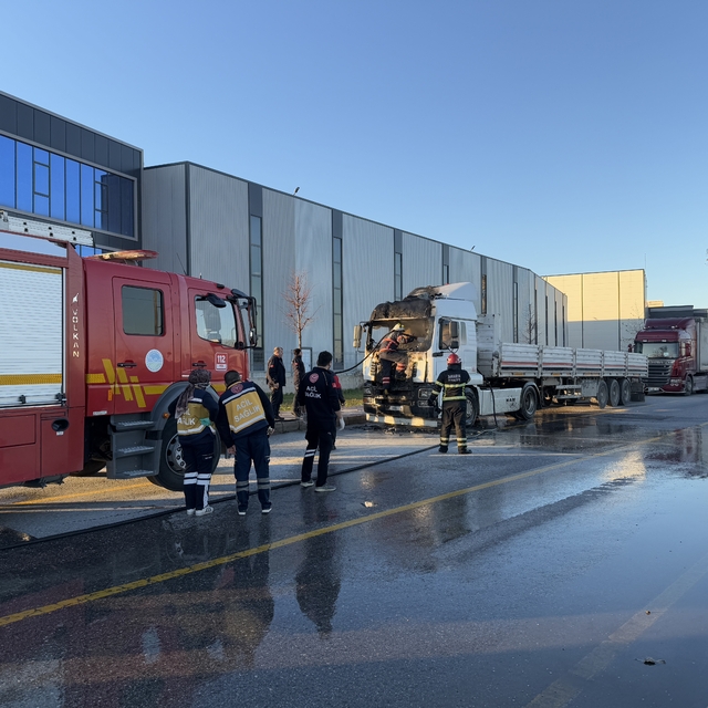 Sakarya'da park halindeki tırın çekicisi yandı