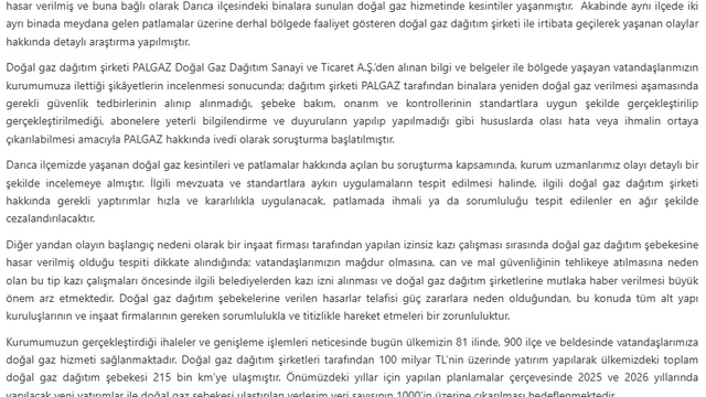 EPDK, Darıca'daki doğal gaz dağıtım şirketi hakkında soruşturma başlattı