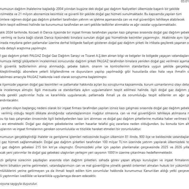 EPDK, Darıca'daki doğal gaz dağıtım şirketi hakkında soruşturma başlattı