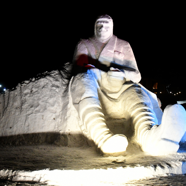 Kars'ta Sarıkamış şehitleri anısına yapılan kardan heykeller ışıklandırıldı