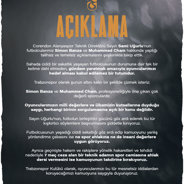 Trabzonspor'dan kupa maçı sonrası yaşananlara ilişkin açıklama