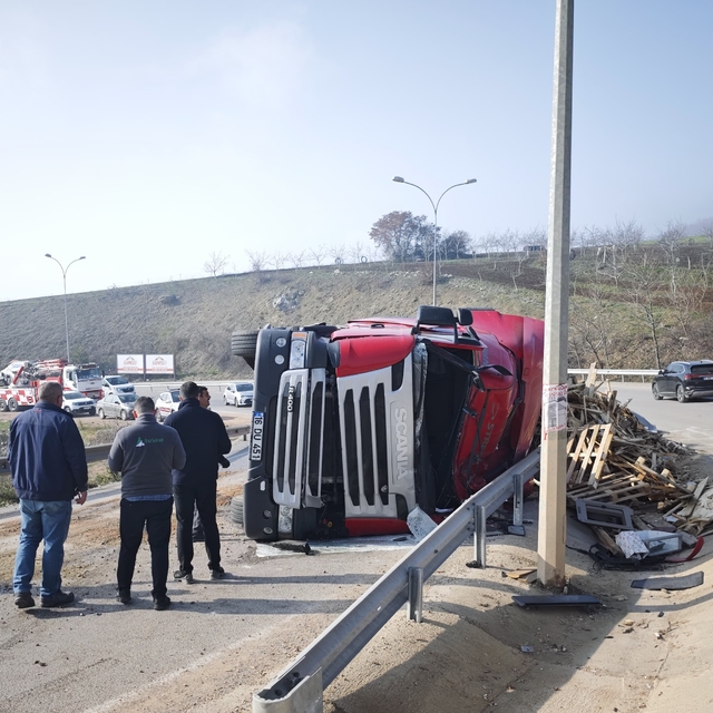 Bursa'da devrilen ahşap yüklü tırın sürücüsü yaralandı