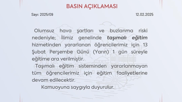 Amasya'da taşımalı eğitime 1 gün ara verildi