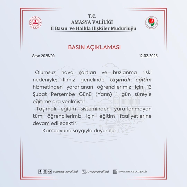 Amasya'da taşımalı eğitime 1 gün ara verildi