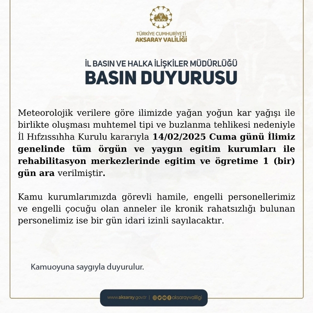 Aksaray'da okullara kar tatili