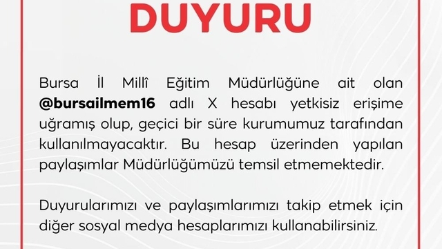 Bursa İl Milli Eğitim Müdürlüğünün X hesabı hacklendi