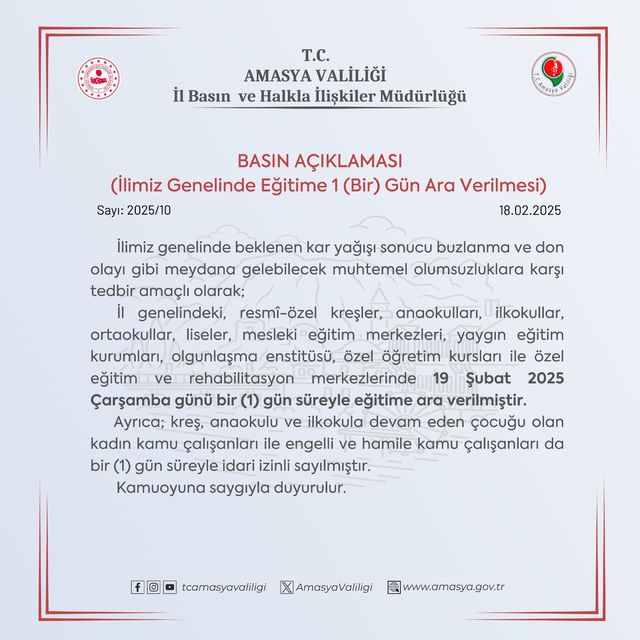 Amasya'da okullar 1 gün tatil edildi