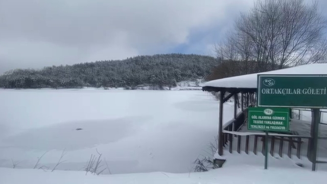 Karabük'te Ortakçılar Göleti'nin yüzeyi buz tuttu