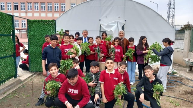 Erzincan'da okul bahçesinde kurulan serada öğrenciler organik sebze üretiyor