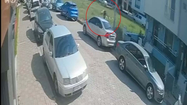 Sokak köpeklerinden kaçmak isterken başını park halindeki otomobile çarptı; o anlar kamerada