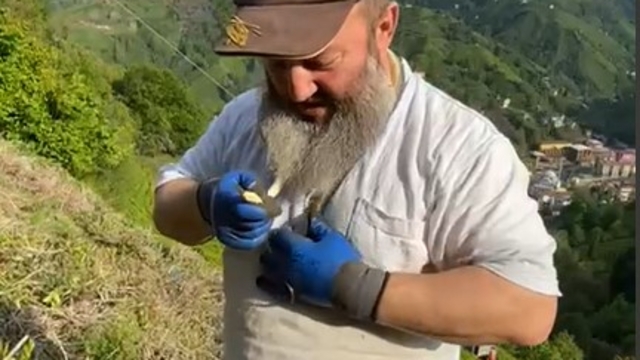 Bahçede yakaladığı yılanı boynuna doladı