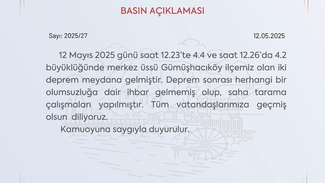 Amasya'da 3 dakika arayla 4.4 ve 4.2 büyüklüğünde 2 deprem (2)