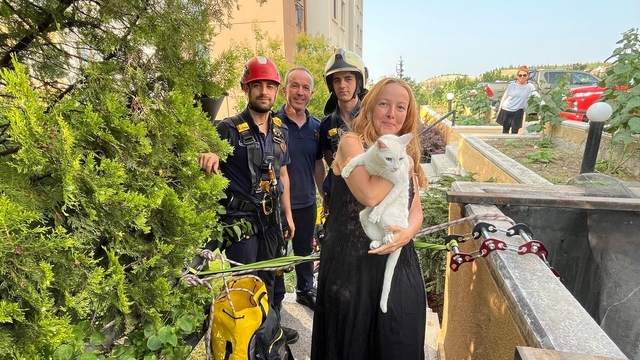 Ankara'da havalandırma boşluğuna düşen kediyi itfaiye ekipleri kurtardı