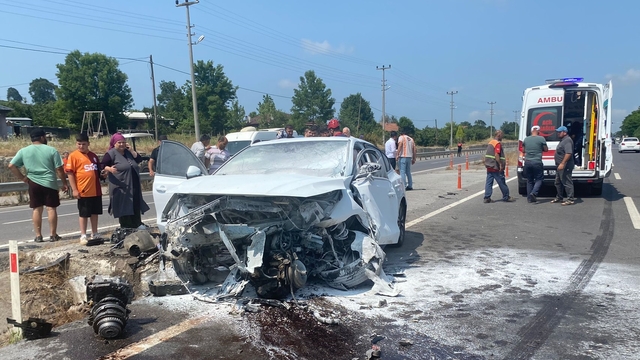 Sakarya'da kaza yaptıktan sonra yangın çıkan araçtaki karı koca yaralandı