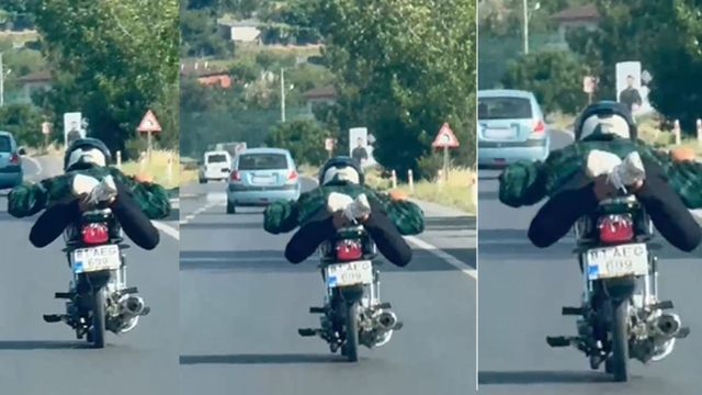 D-650 karayolunda motosikletini üzerine yatarak sürdü, o anlar kamerada