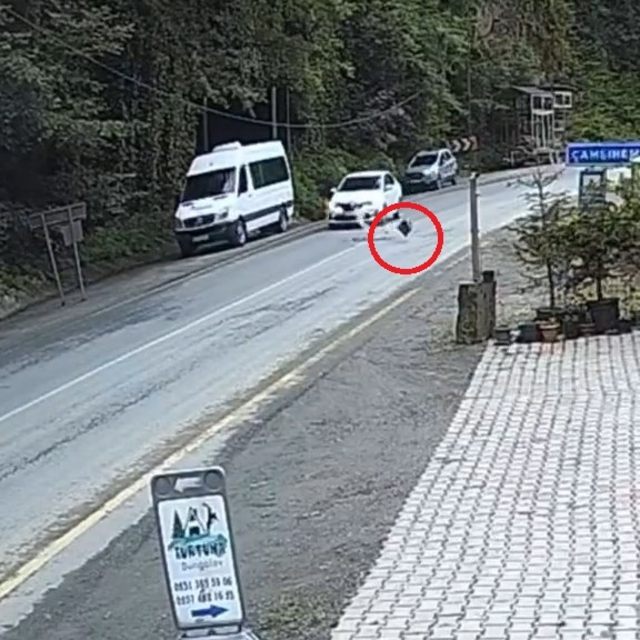Rize'de seyir halindeki otomobilin önüne kaya düştü; o anlar kamerada